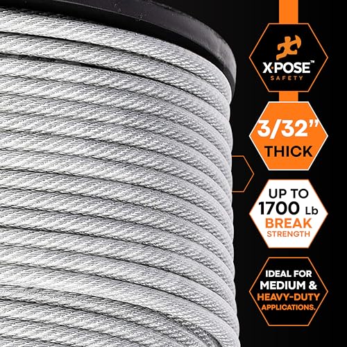 Image of Xpose Safety 7x7 Vinyl-Coated Galvanized Steel Aircraft Cable - 500 ft Wire for Pulley Systems, Winches, Marine & Boat Wire, Deck Railing, Cable Railing, Fencing, DIY Projects