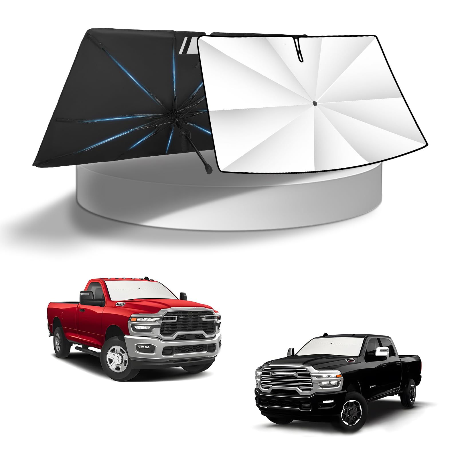 KUST Windshield Sun Shade Umbrella for 【2019-2026 Dodge Ram 1500 2500 3500】 | Custom Fit Windshield Sunshade | Foldable Sunshade with Bendable Handle | Blocks Heat &amp; UV Scratch Resistant
