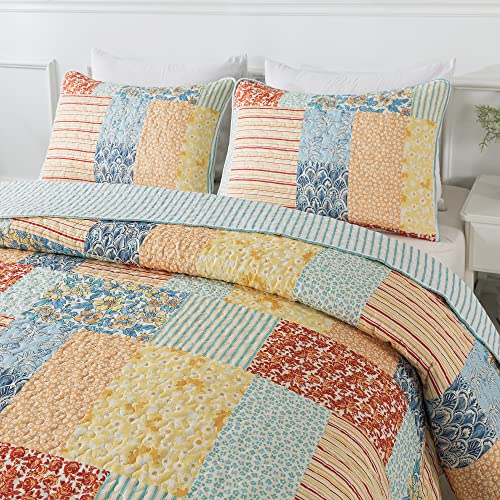 Soul & Lane Hello Sunshine Queen Quilt Bedding Set - Patchwork Queen Quilt With 2 Pillow Shams: Lightweight Colorful Quilted Coverlet, Rustic Floral Print Comforter, Summer Farmhouse Coverlet #TOP1