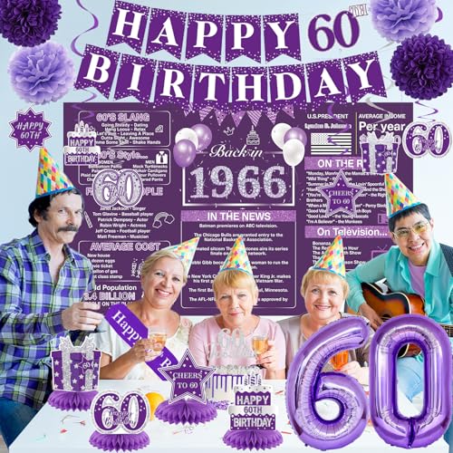 Image of Crenics Purple 60th Birthday Decorations for Women - Back in 1966 Backdrop, Banner, Swirls, Centerpieces, Sash, Paper Pom Poms, Cake Topper and Balloons for 60 Birthday Party Supplies