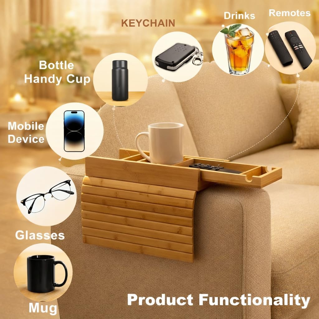 Bamboo Sofa Armrest Tray with Detachable Cup Holder, Couch Arm Tray Table with Phone Holder, TV Remote Organizer, Foldable Anti-Slip Sofa Armrest Caddy for Drinks, Snacks & Living Room
