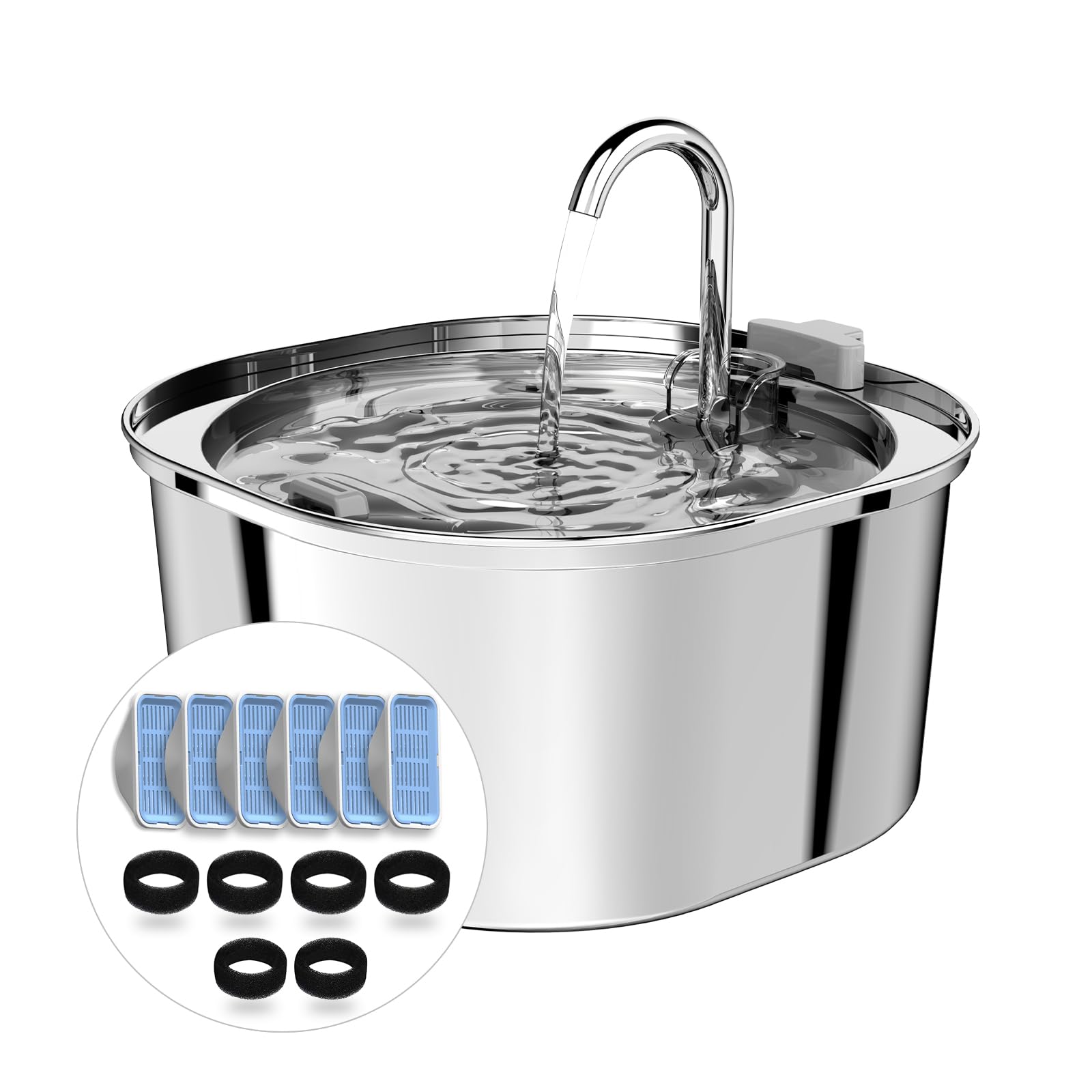 PEKTACO Cat Water Fountain, 3.2L/108oz Stainless Steel Pet Water Fountain for Cats/Dogs Inside, Dog Drinking Dispenser Metal Kitty Spout with 6 Replacement Filters