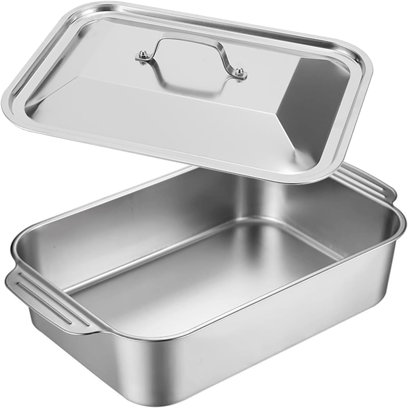 Stainless steel Roasting Pan 37/41/45cm Rectangular Fish Roaster Pan with Handle and Lid Deep Broiling Plate Serving Platter Cookware Suitable for Turkey, Lasagna and Ham, Dishwasher Safe (45cm)