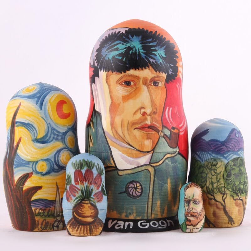 Vincent van Gogh Self-Portrait Handmade Nesting Doll 6.7", Wooden Matryoshka Doll Stacking Nested Set 5 pcs, Babushka Dolls, Stacking Toys for Mothers Day Birthday Gifts, Home Decor Decorations
