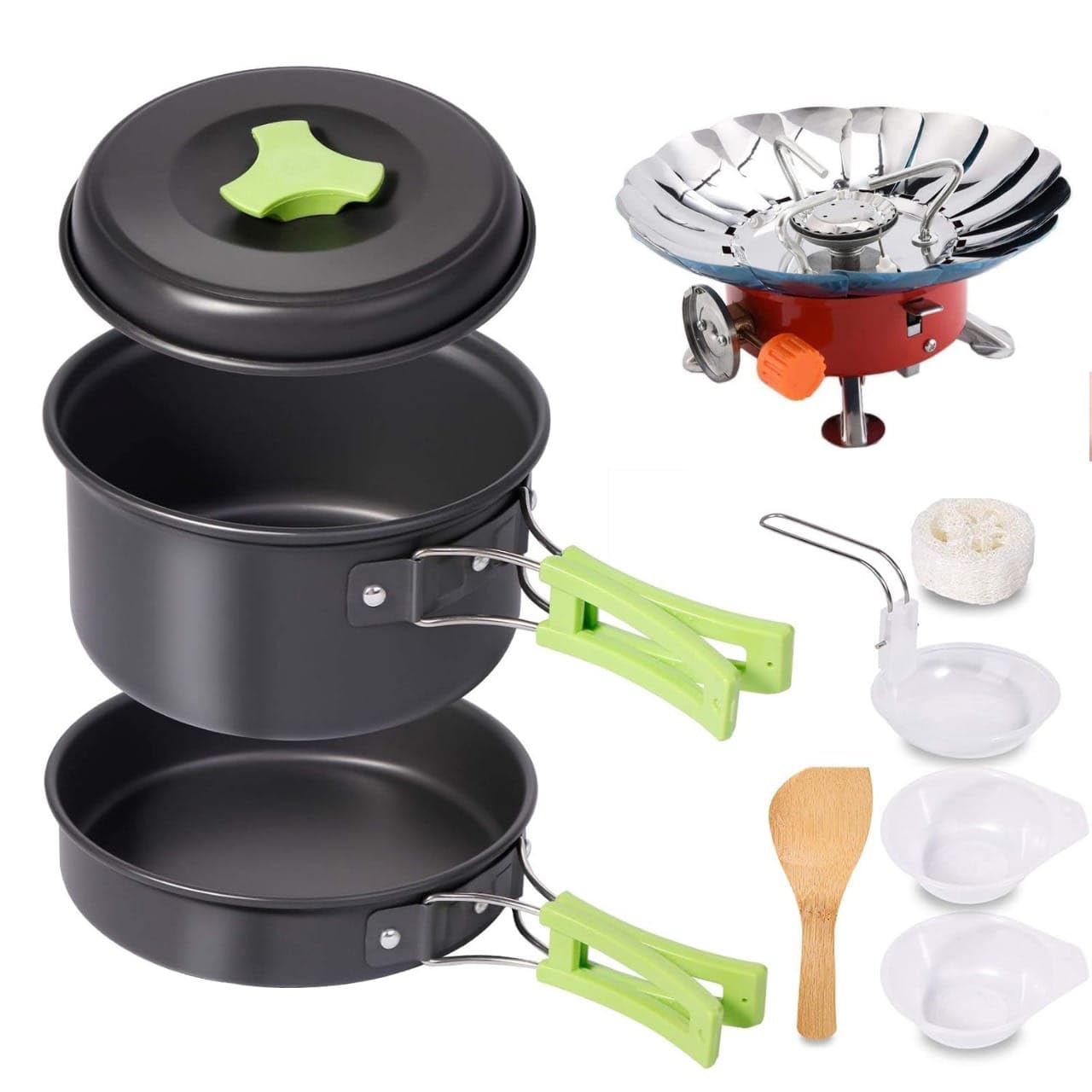 DPCR Camping kichen Accessories for Outdoor Mess Kit,Cooking Equipment 8 Piece Cookset with Mini Gas Stove and Free Folding Spork and Nylon Bag-image-47