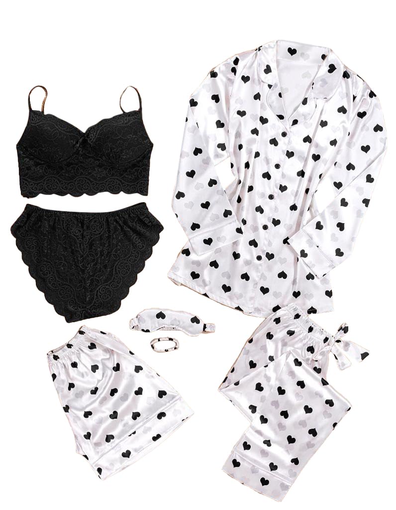 Sol Suavewoman's satin pajamas set, 7 Piece Long Sleeve Sleepwear Loungewear Button Down, short, pant, matched underwear, Hair tie and Eye Mask.