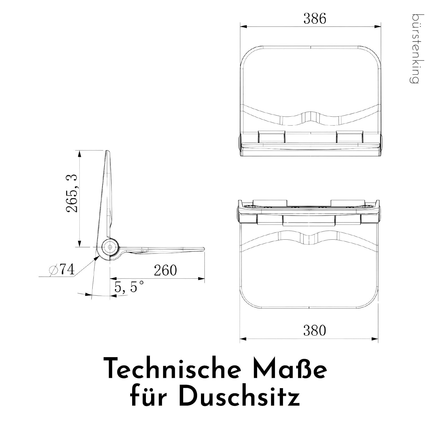 Bürstenking Duschklappsitz für Wandmontage mit Rückenlehne bis 140 kg belastbar, weiß – Ideal für Senioren Duschsitz klappbar, Wandmontage, Duschhocker, Klappsitz Wand Dusche