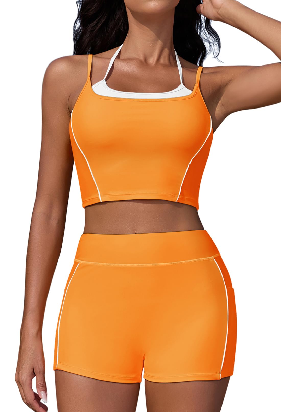 Pink Queen High Waisted Bikini Sets for Women Sporty Two Piece Swimsuits Color Block Bathing Suits 2025 with Pockets