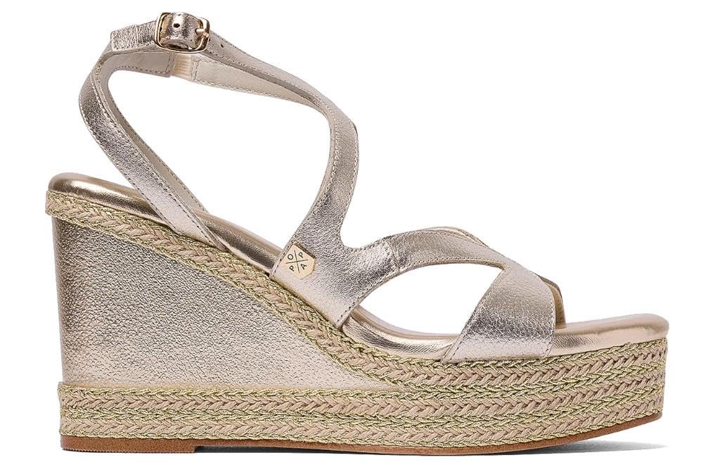 Sandalias con cuña alta de esparto Popa Okinawa en oro - Mujer