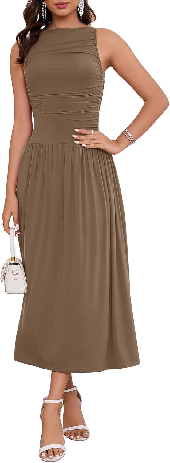 2026 Summer Formal Dresses for Women Casual Ruched Maxi Dress Sleeveless Drop Waist Boat Neck Long Flowy Sundress