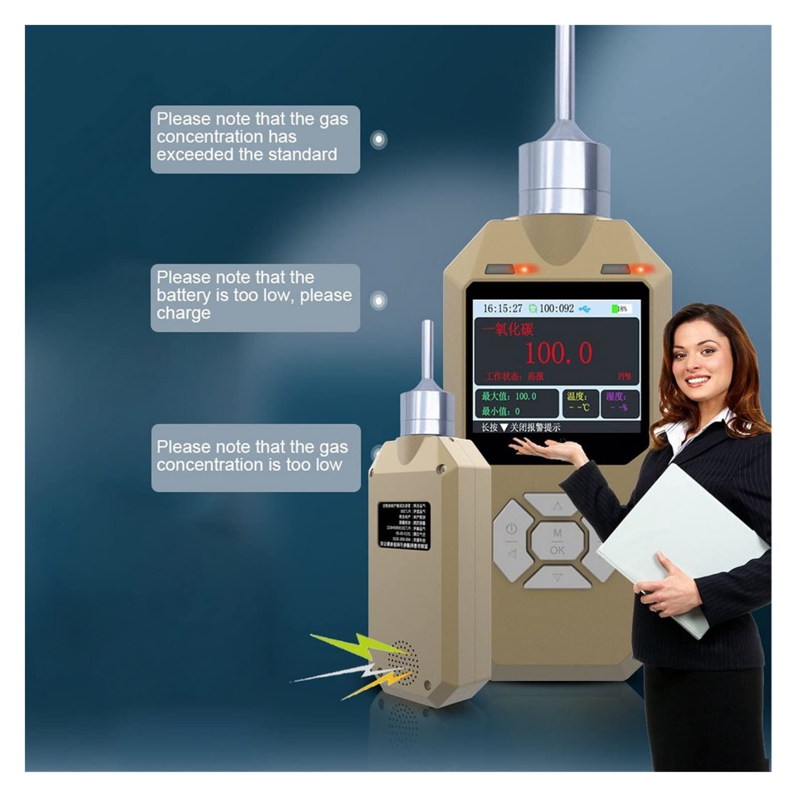 Detector de Gas, Detector Digital O3, Detector de Fugas de Gas por Bombeo de ozono, Monitor de ozono con de Alarma, analizador de Gas, Sensor de Gas Profesional(100ppm)