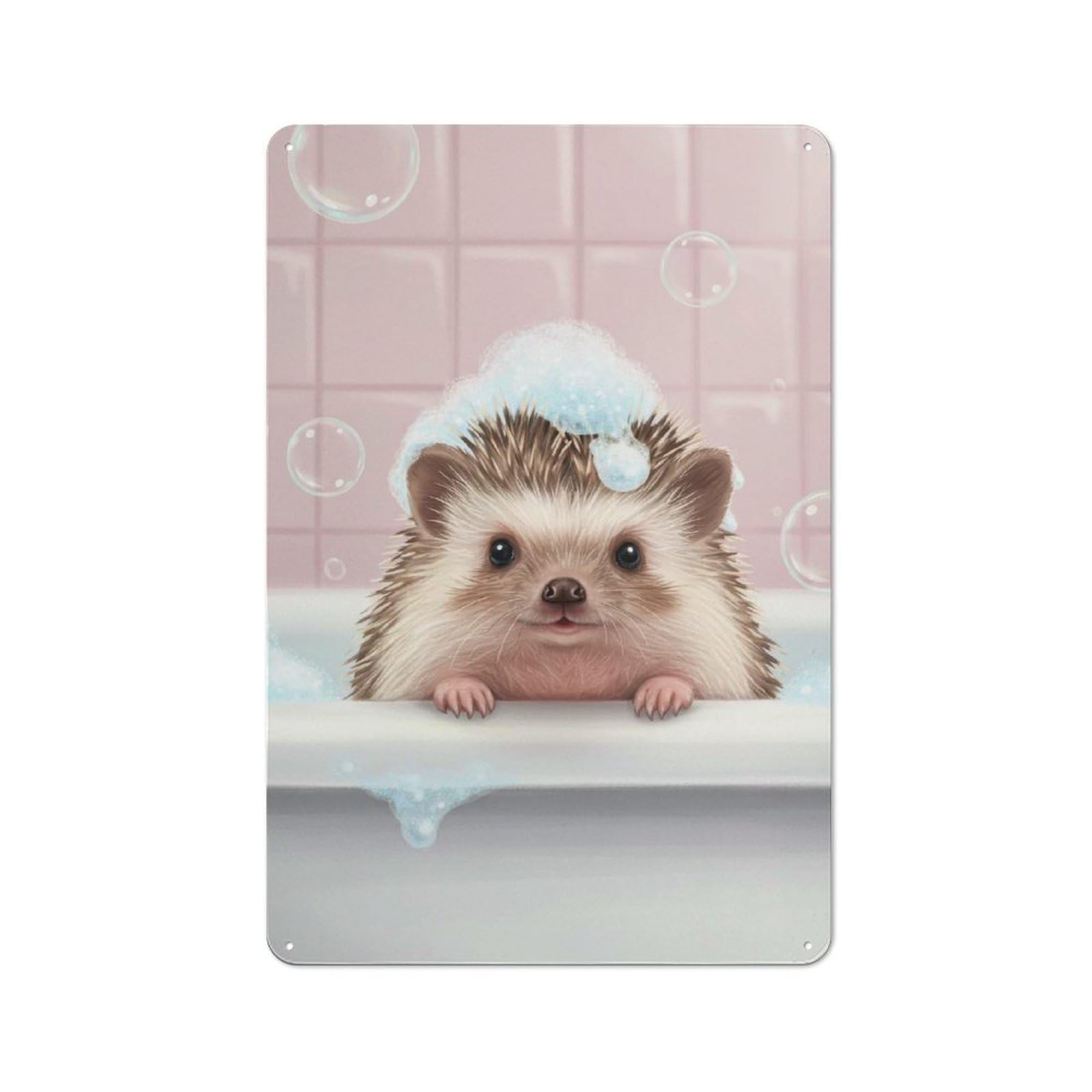 Junmoney Hedgehog In Bathtub With Bubbles Rustic Country Metal Sign 30X20cm, Cottage Wall Art For Dining Room, Cafe, Entryway Or Family Room