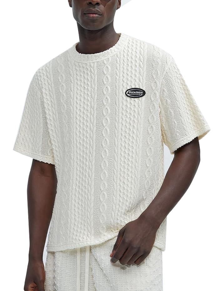 Image of Men's Casual Textured Letter Patch Design Short Sleeves T-shirt Or Drawstring Shorts -Co-ord Available(T-Shirt Light Yellow /S)