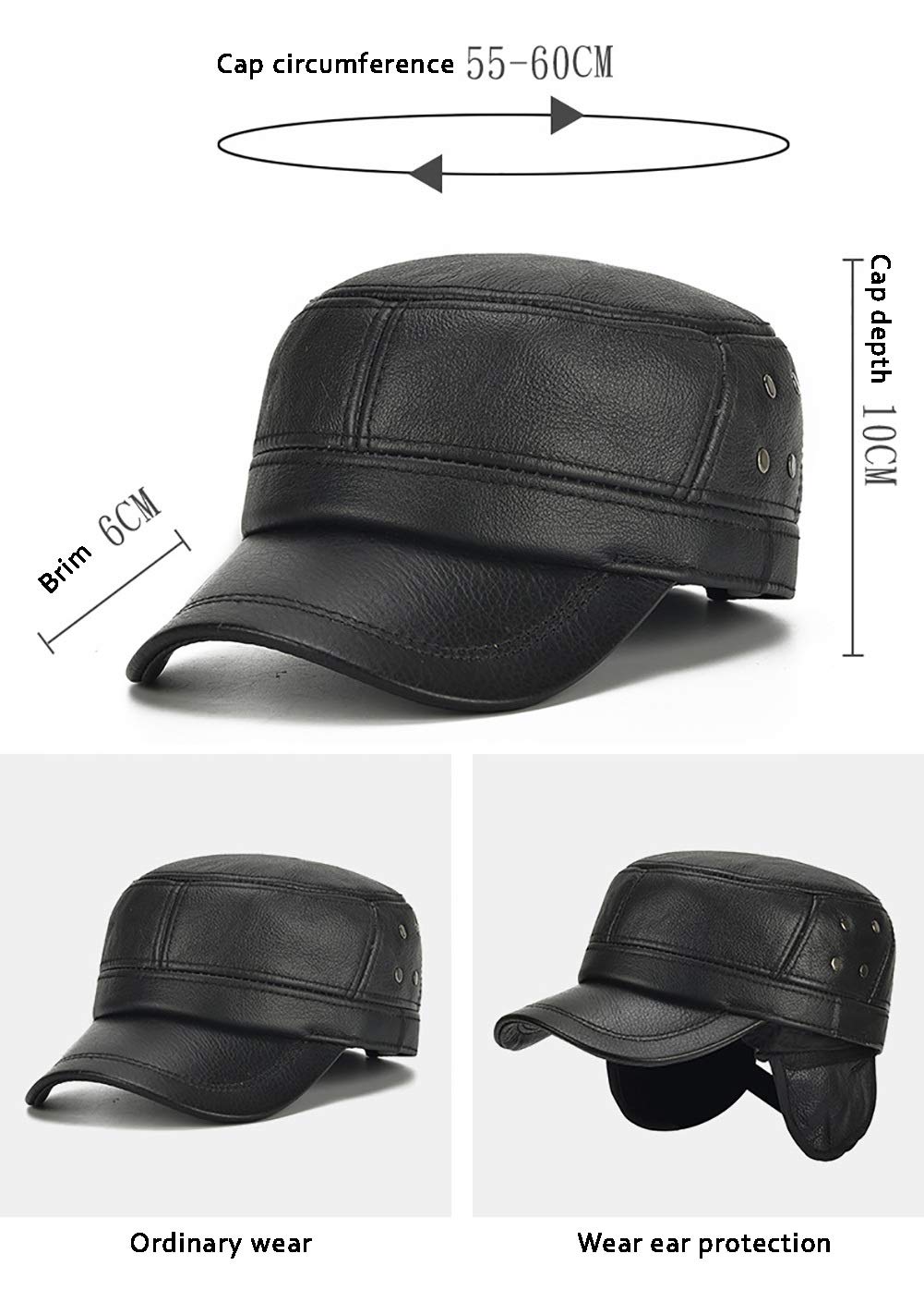 Cappelli Invernali, Cappello da Baseball in Pelle con paraorecchie, Caldo Berretto Sportivo all'aperto per Anziani, Inverno(Black-A)