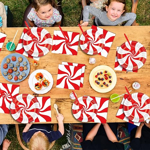 Image of 100Pcs Christmas Peppermint Paper Plates and Napkins Party Supplies Candy Cane Party Tableware Set Red and White Striped Christmas Winter Party Decor Favors for Holiday Xmas Theme Party Serves 25