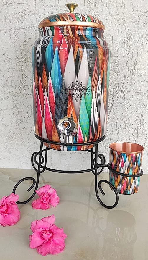 Pure Copper Colorful Spikes Printed Design Water Pot Heavy Gauge with Brass Tap & Copper Glass & Stand, Storage & Serving Water, Volume- 5 Liters