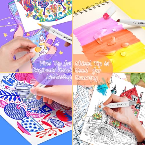 Image of Caliart Alcohol Markers 24 Colors Coloring Markers Fine & Chisel Dual Tip | Non-Toxic Permanent Pens for Adults Coloring Book Beginners Sketch Illustration Painting Drawing School Supplies Art Gifts