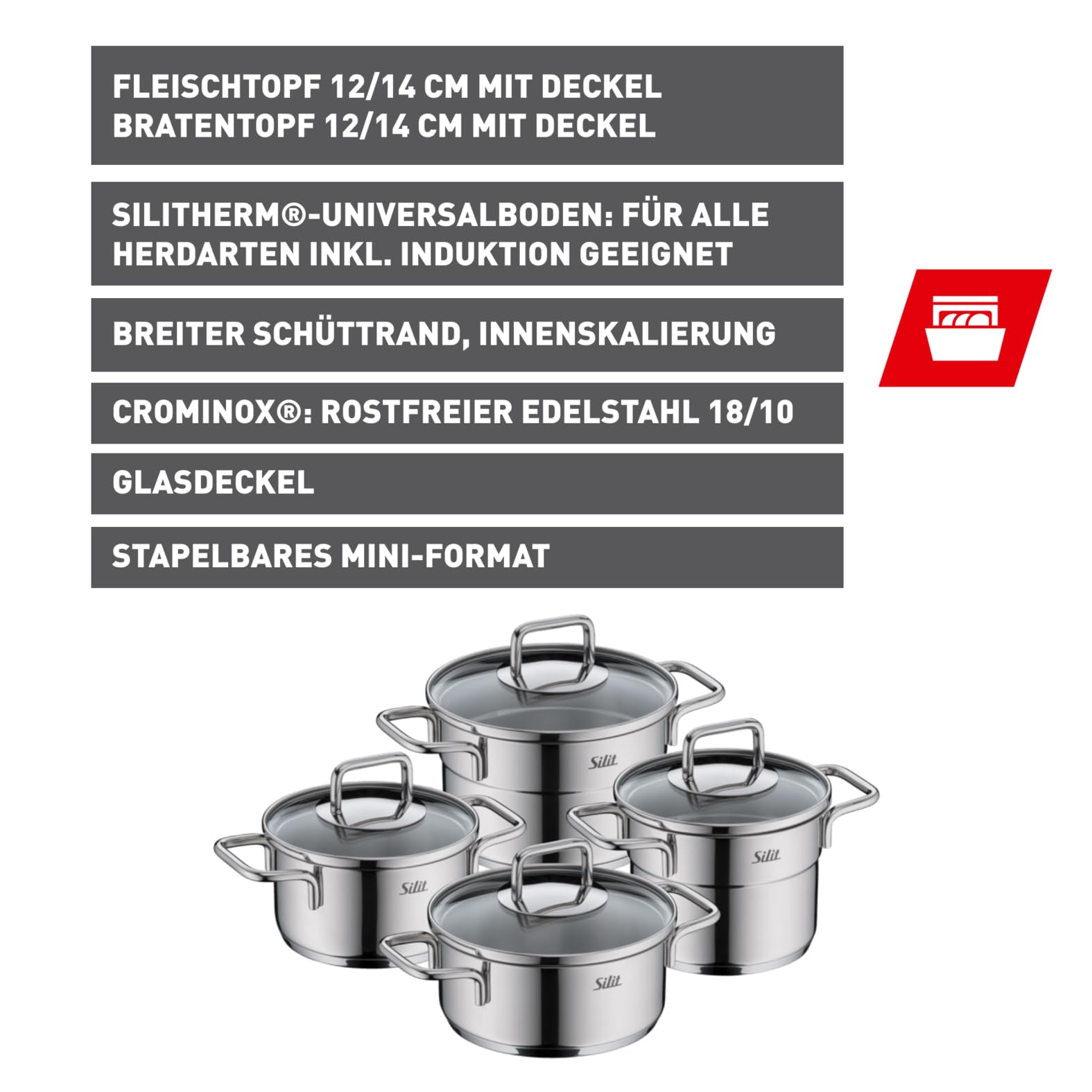 Silit Extra Cook Kochgeschirr-Set 4-teilig, Kochtöpfe 12/14 cm mit Glasdeckel, Innenskalierung, breiter Schüttrand, Crominox-Edelstahl, kleine Portionen, platzsparend stapelbar, tropffrei