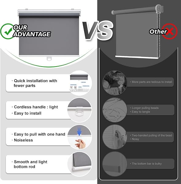 AOSKY Cordless Roller Shades Blackout Blinds for Windows Room Darkening Rolled Up Shades with Spring System, UV Protection Window Shades Door Blinds for Home 25" W x 72" H (64W x 183H cm),Grey - 3