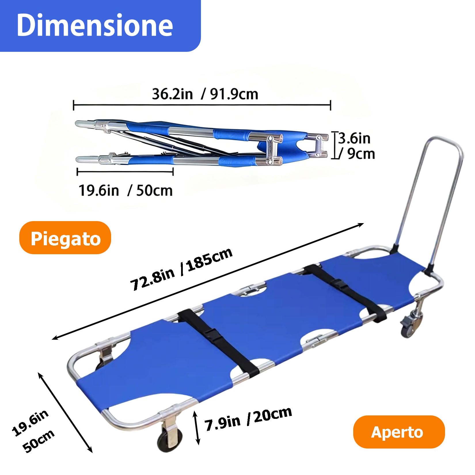 Barella di Salvataggio,Barella Pieghevole Portatile con 4 Ruote e Cintura,Asta Push-pull,Piegabile in 2,per Trasporto Paziente da Viaggio Medico di Emergenza capacità di Peso 350 Libbre
