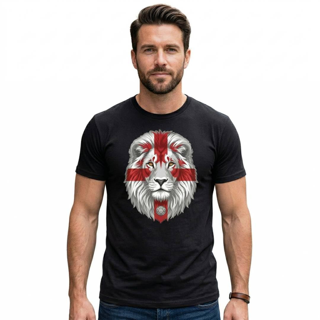LOVETRENDS England T Shirt And Lion Hat Patriotic England Football Fan Shirt St George Flag Red Cross Graphic Tee Supporter Top Sports Event National Pride Outfit