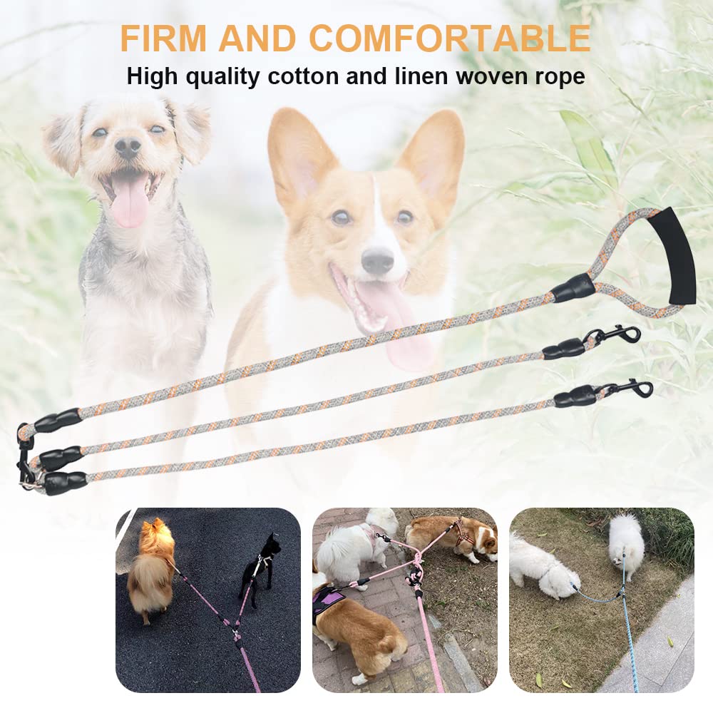 Laisse double pour chien, réfléchissante et résistante pour chiens de petite, moyenne et grande taille, laisse en corde, pivotante à 360 °, sans nœuds, avec poignée confortable, support supplémentaire
