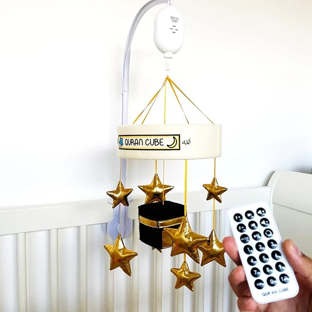 Quran Cube Baby Cot Mobile - Islamic Kaaba Quran and Nasheeds - Full Quran (114 surahs) Recited - Remote Control - Rechargeable Baby Cot- Gift for Newborn, White