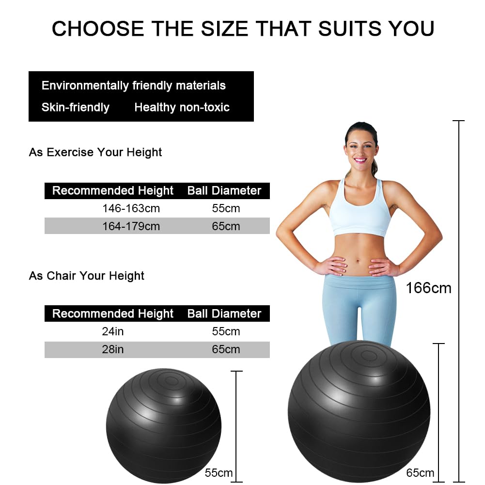 flintronic Palla Fitness, Palla da Ginnastica, 55/65cm Palla Anti-Scoppio, Palla di stabilità, con Pompa, Strumento Tappo Pompa, E Manuale per Yoga, Esercizi di Equilibrio, Allenamento, Fitness