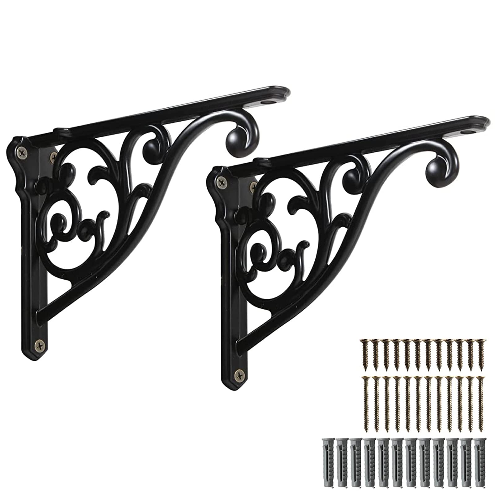 2 Pack 8 Inch Shelf Brackets, Black Shelf Brackets,Metal Bracket for Shelves Ornate Heavy Duty Decorative Wall Brackets for Shelves (2, Black) — image 1