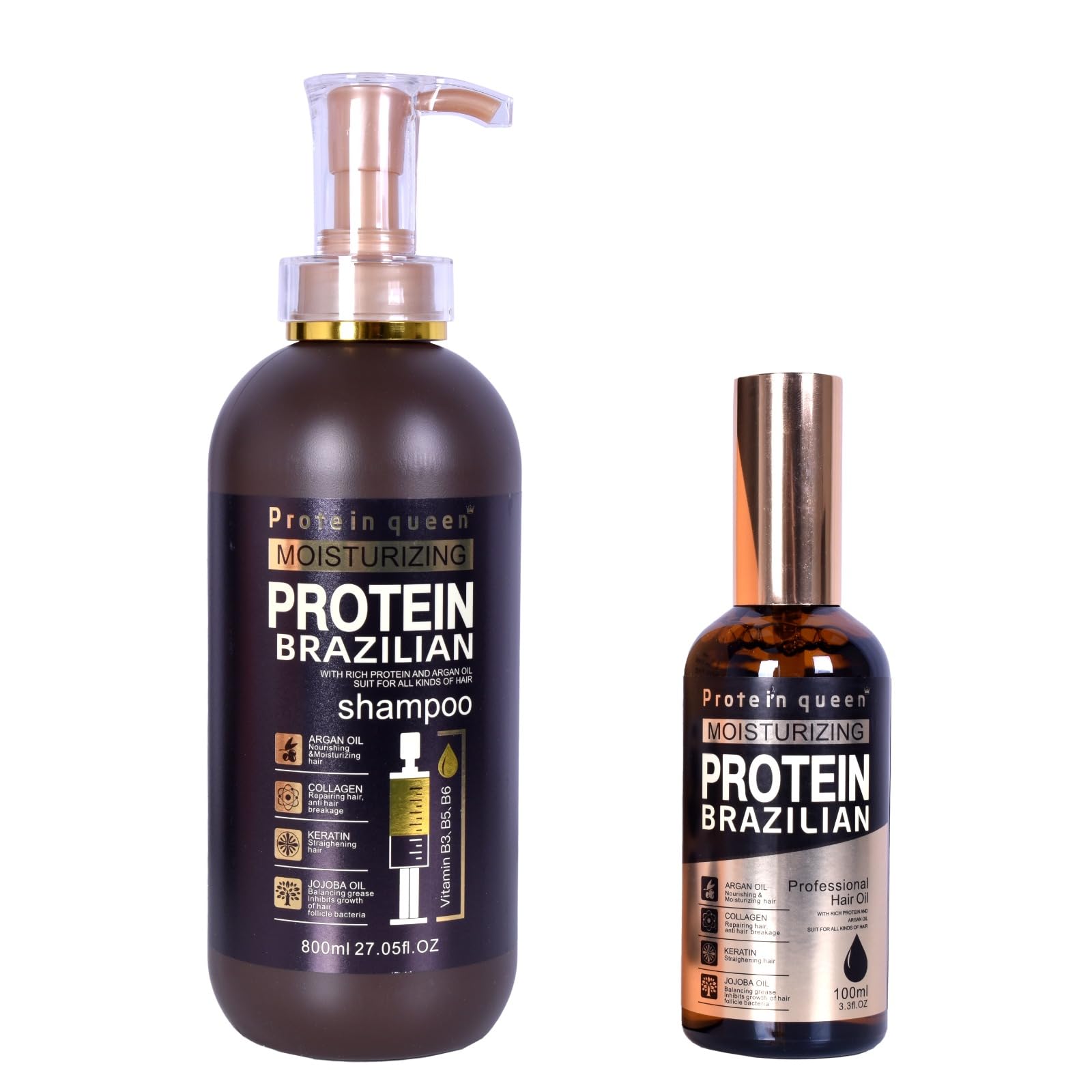 Protein Queen Moisturizing Protein Brazilian Professional Treatment for Repair, Nourishment & Beauty Shampoo and Oil