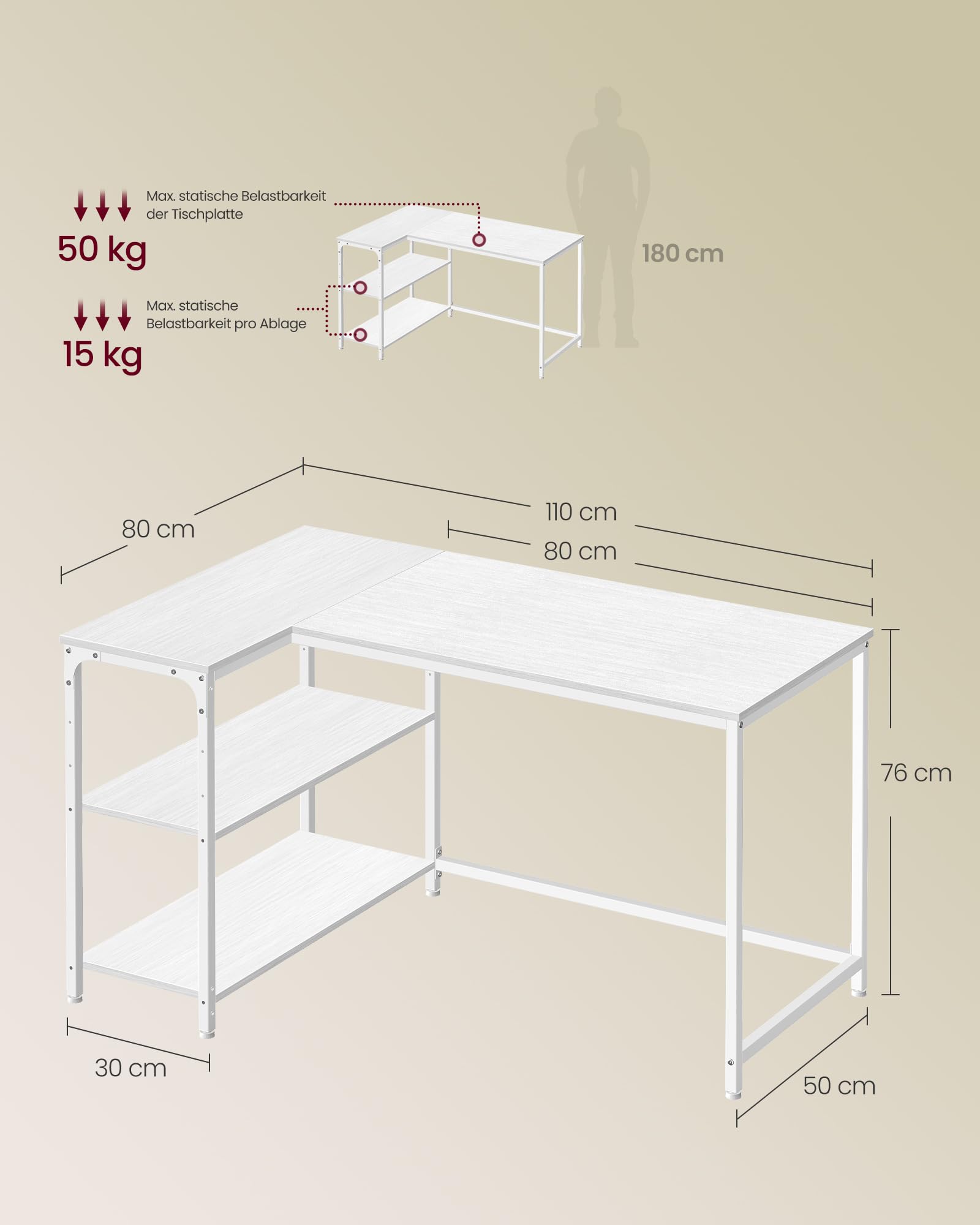 VASAGLE Eckschreibtisch in L-Form, Computertisch mit Stauraum, Bürotisch, höhenverstellbare Ablage, für Homeoffice, 110 x 80 cm, ahornweiß LWD135WF01