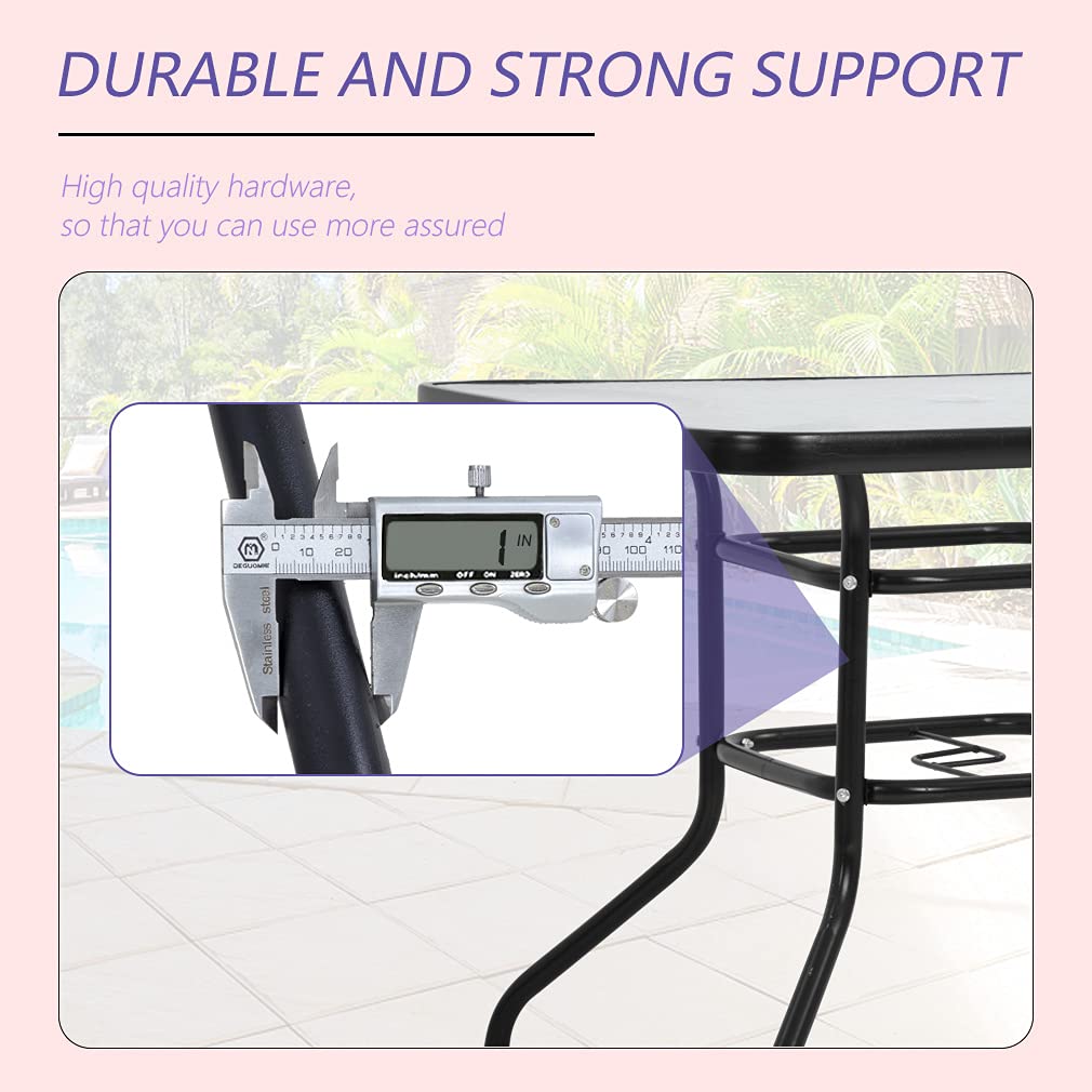 Mesa de comedor para exteriores con agujero de vidrio templado para sombrilla para césped, balcón, patio (cuadrado) 4