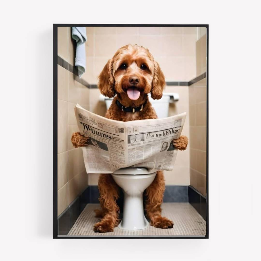 Gfc Black White Funny Bathroom Toilet Animal Print Picture Poster Cockapoo Cavapoo 2 Dog On A Toilet Reading Newspaper A4 Unframed Wall Art Home Decor Decorating