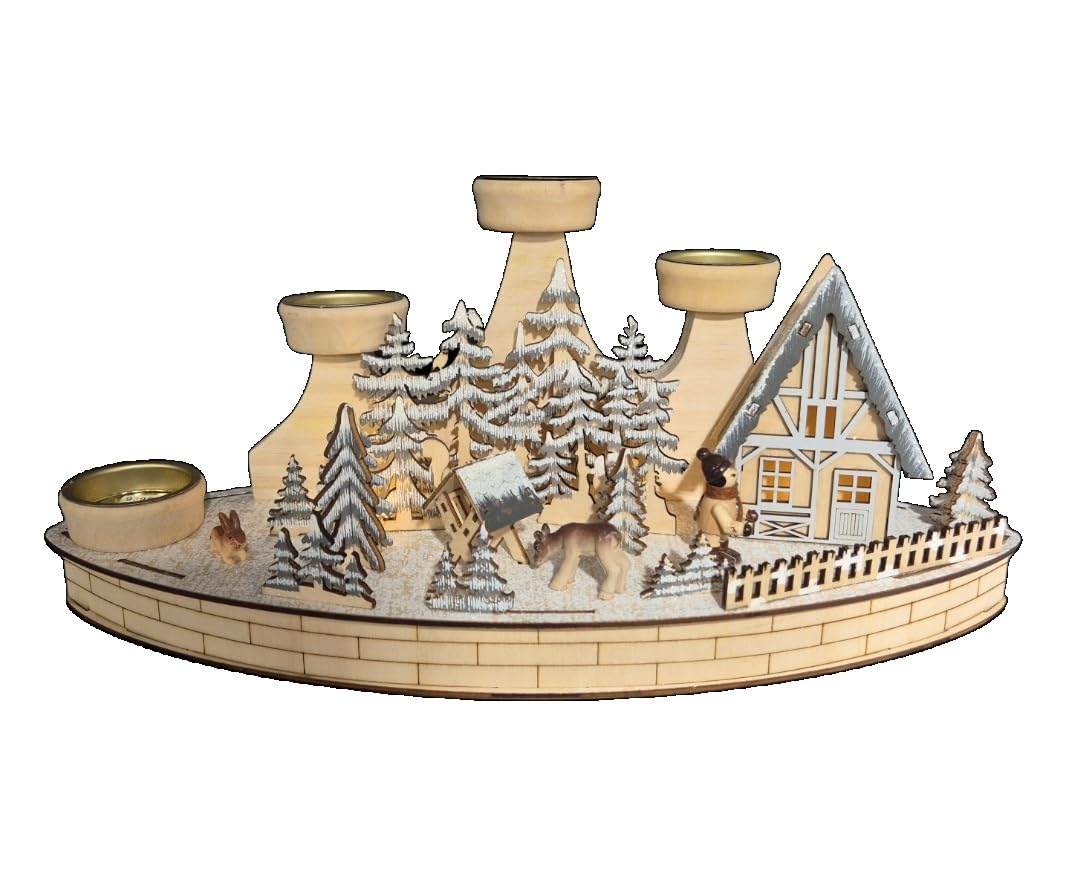Kaladia Candelabro de Adviento escena del bosque – Portavelas para 4 velas de té – Portavelas de madera pintado a mano – Decoración rústica de Navidad – Dimensiones: 38 x 15 x 17 cm