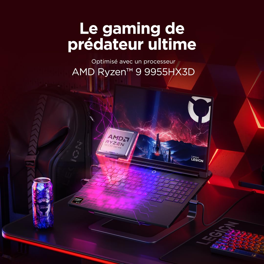 Lenovo Legion Pro 7 16AFR10H - Ordinateur Portable Gaming 16'' OLED (AMD Ryzen 9 9955HX3D, RAM 64Go, SSD 2To, NVIDIA RTX 5080 16GB) Clavier RGB rétroéclairé AZERTY Français - Noir Eclipse