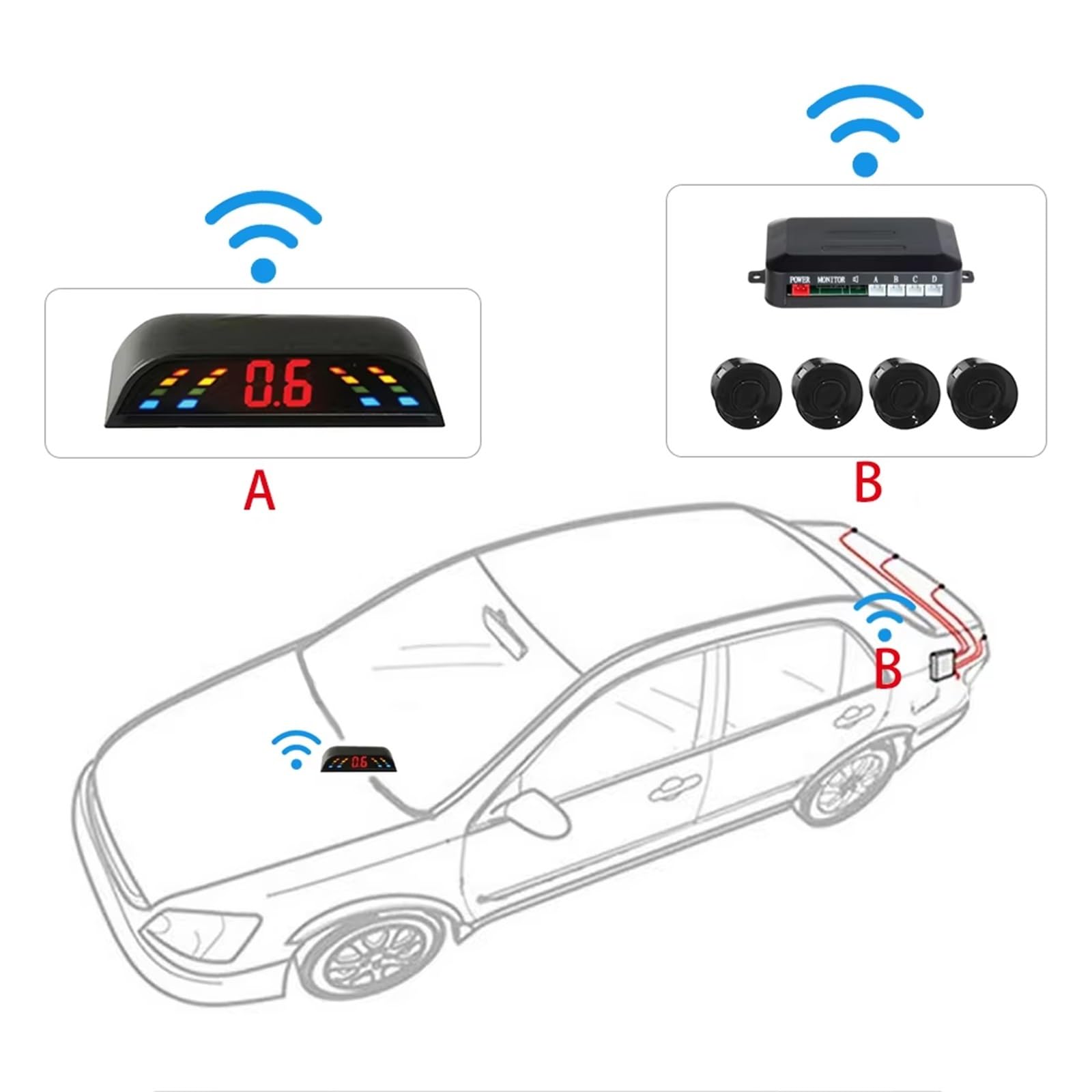 Voiture Recul Radar Capteur Stationnement Sans Fil Voiture Parktronic Avec 4 Systèmes Détection Radar De Recul Et D'affichage Distance Avant-arrière(Red)