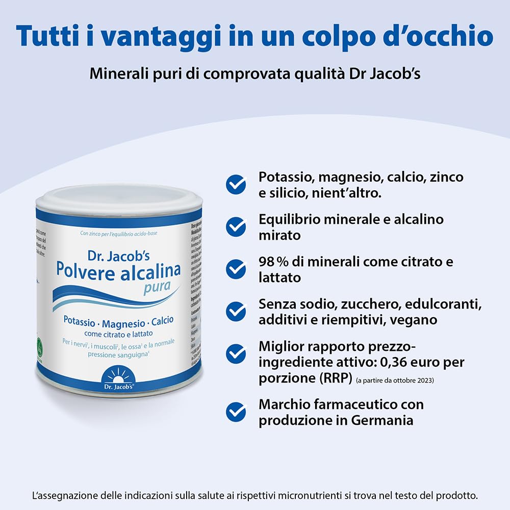 Polvere Alcalina Pura del Dr. Jacob, Barattolo da 200 g I Potassio, Magnesio, Calcio, Zinco come Citrato e Lattato I Equilibrio Minerale e Alcalino Mirato* I 36 Porzioni