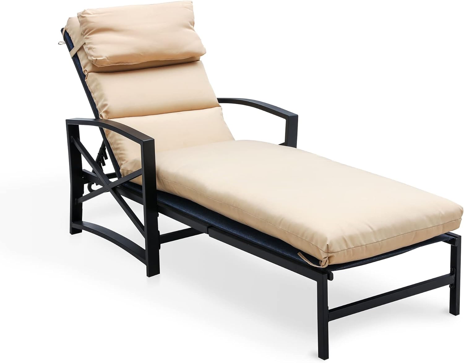 PatioFestival Patio Lounge Chair Cushioned Chaise Lounger Outdoor with Adjustable Back 3.1" Thickness Long Cushion All Weather Frame(Khaki)
