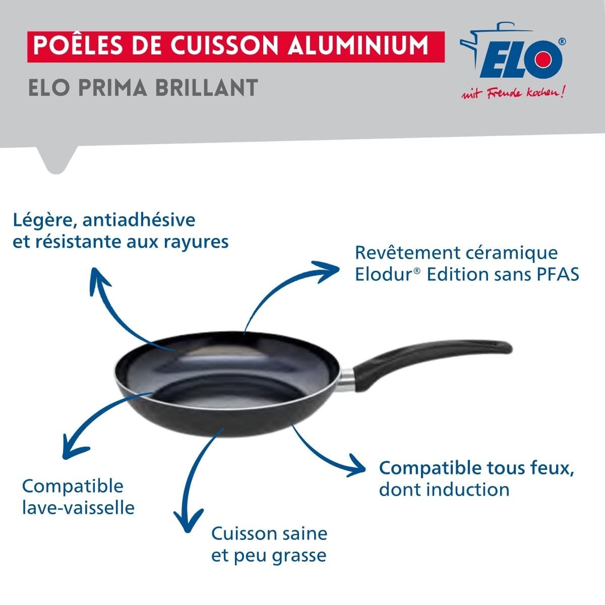 Elo Batterie cuisine poêle 28 cm et 2 faitouts 12/14 cm | Lot complet pour équiper la cuisine, Poêle 28 cm pour saisir, Aluminium léger, Faitouts 12 et 14 cm, Compatible induction