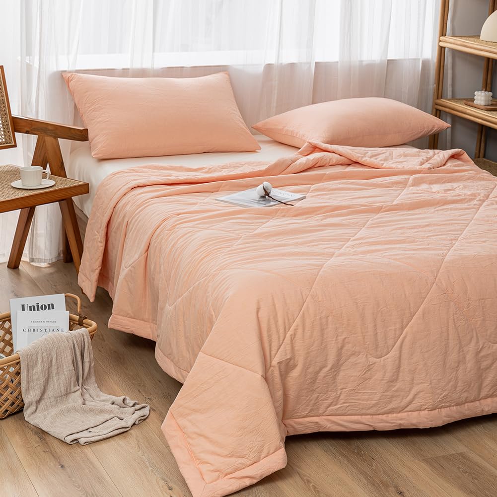 NTCOCO Comforter Set Thin Quilt Summer Lightweight Comforter,100% Washed Cotton,Machine Washable,Soft Comfy Breathable Can Sleep Naked (Bright Pink, Queen)