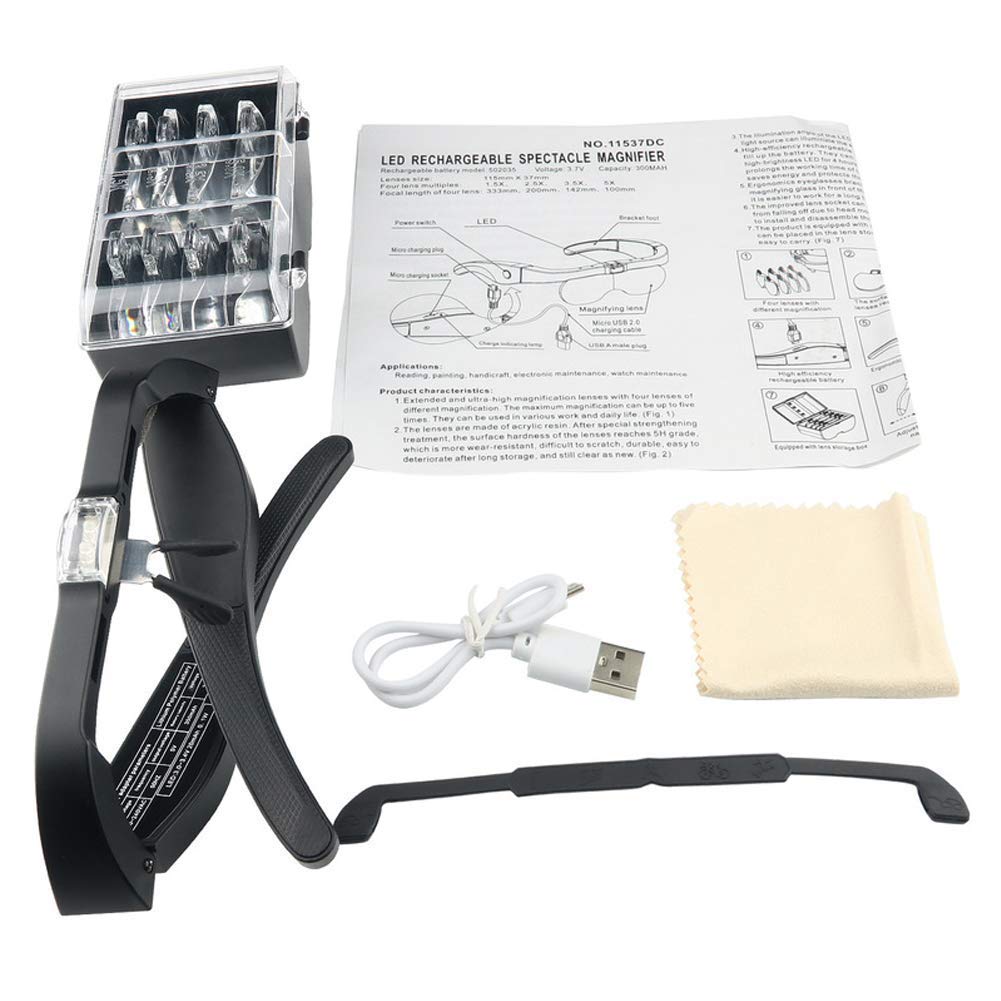 Loupe Frontale Lumineuse Avec Visière Intégrée - Zoom 1,5X À 5X Et 4 Lentilles Détachables - Lunettes Loupe Frontales Pour La Lecture, La Bijouterie, La Réparation De Montres Et D'Appareils Électroni