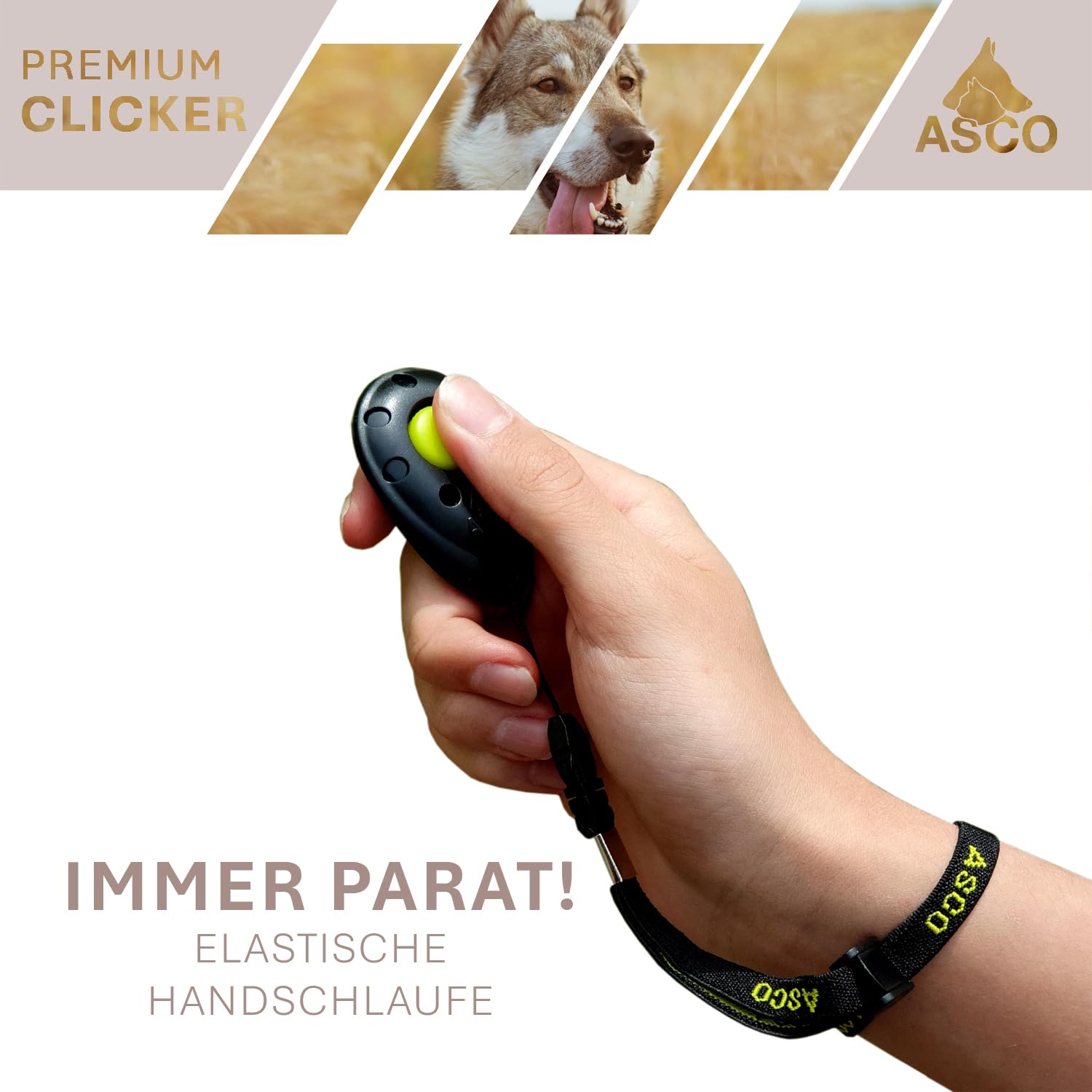 ASCO Clicker da Dito Premium con Cinturino da Polso Elasticizzato per clicker Training, clicker Professionale per Cani, Gatti e Cavalli, clicker per addestramento Cani, Nero AC01FA