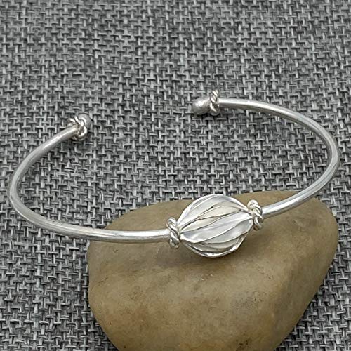 Handmade Dainty White Sterling Silver Cuff Bracelet with a Flower Bead, Medium size, for Women or Girls, Gift for Her