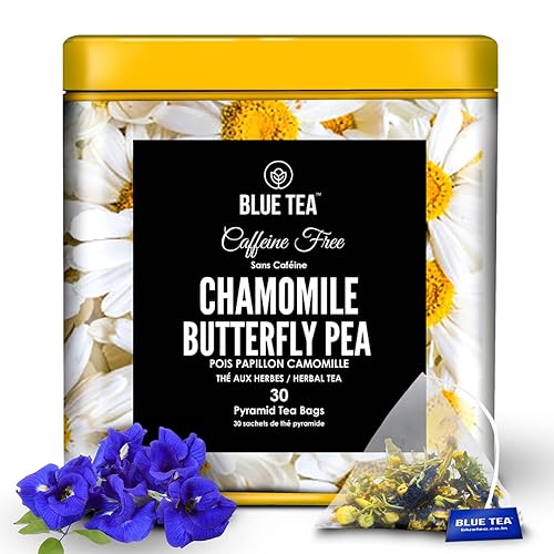 BLUE TEA - Té de guisante de mariposa de manzanilla - 30 bolsas de té prémium  Té RELAX  Sin cafeína - Té de hierbas - Orgánico - Contenedor de lata