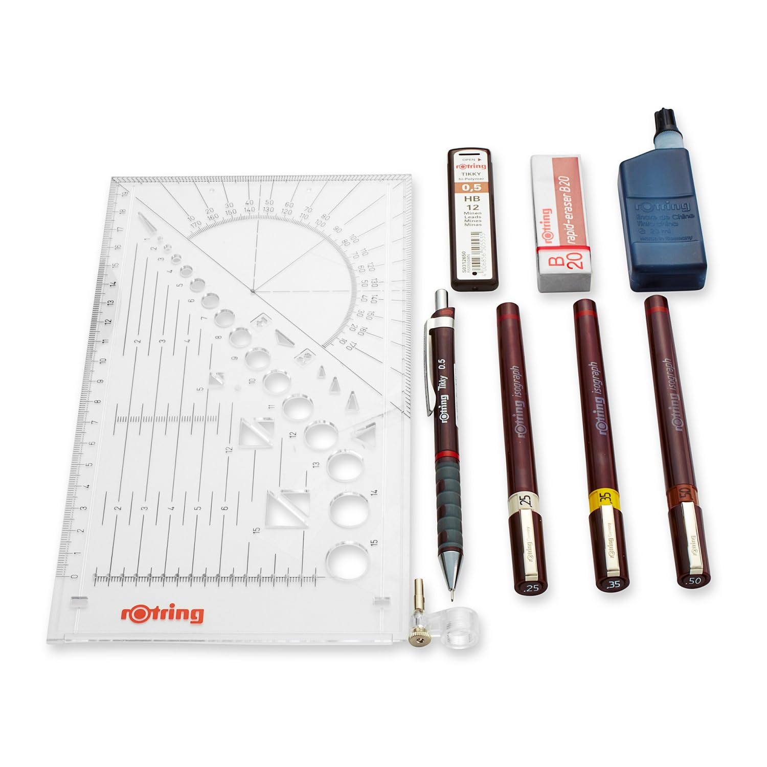 rOtring Isograph College Set with 0.25/0.35/0.5 mm Technical Pens + Tikky 0.5 Mechanical Pencil + Ink + Eraser + Universal Compass Refillable Drafting & Drawing Kit - Image 4
