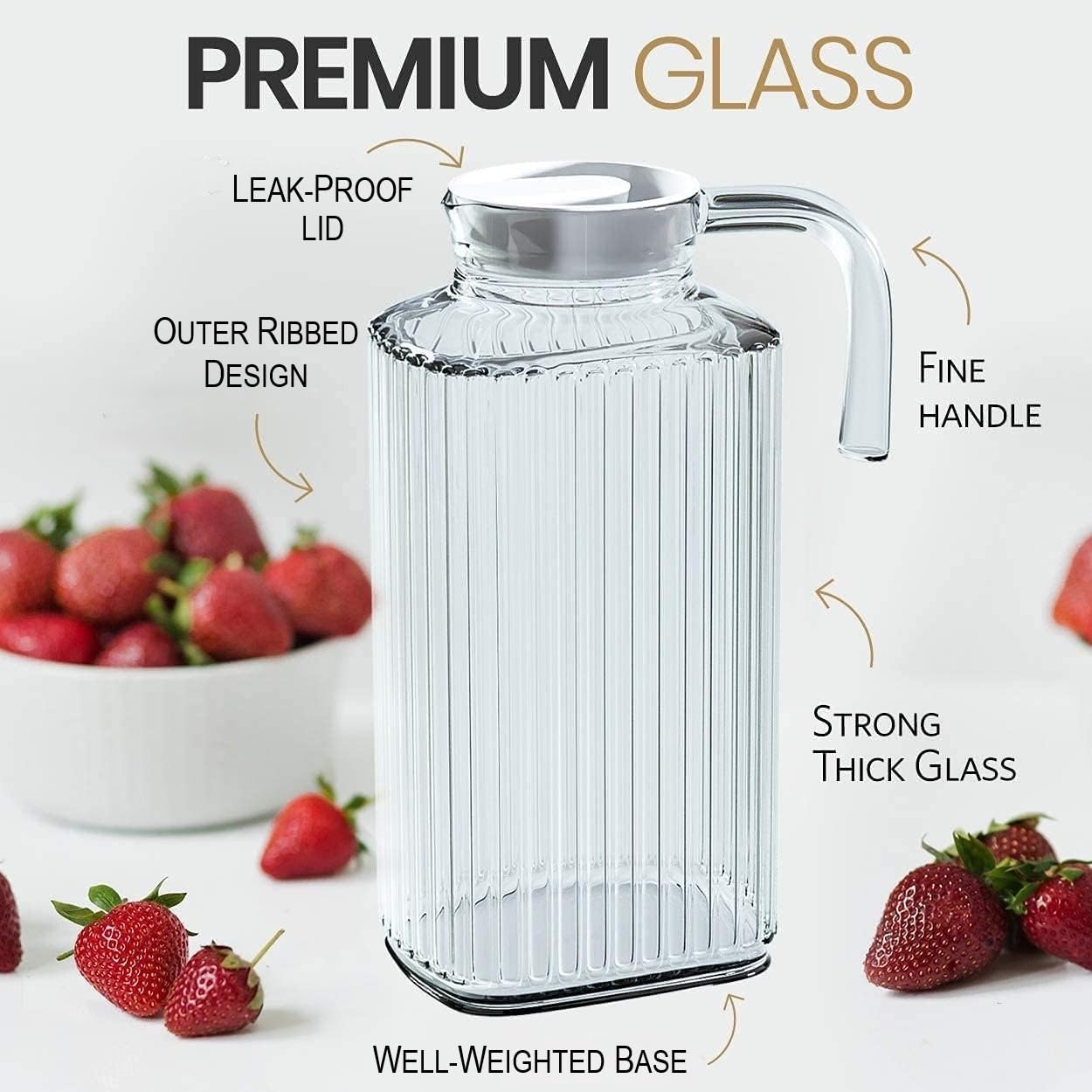 Home Essentials & Beyond - Juego de 2 jarras para nevera de 60 onzas, jarra de agua de vidrio con tapa, práctica y fácil de usar, ideal para limonada, té helado, leche, cócteles y más bebidas.
