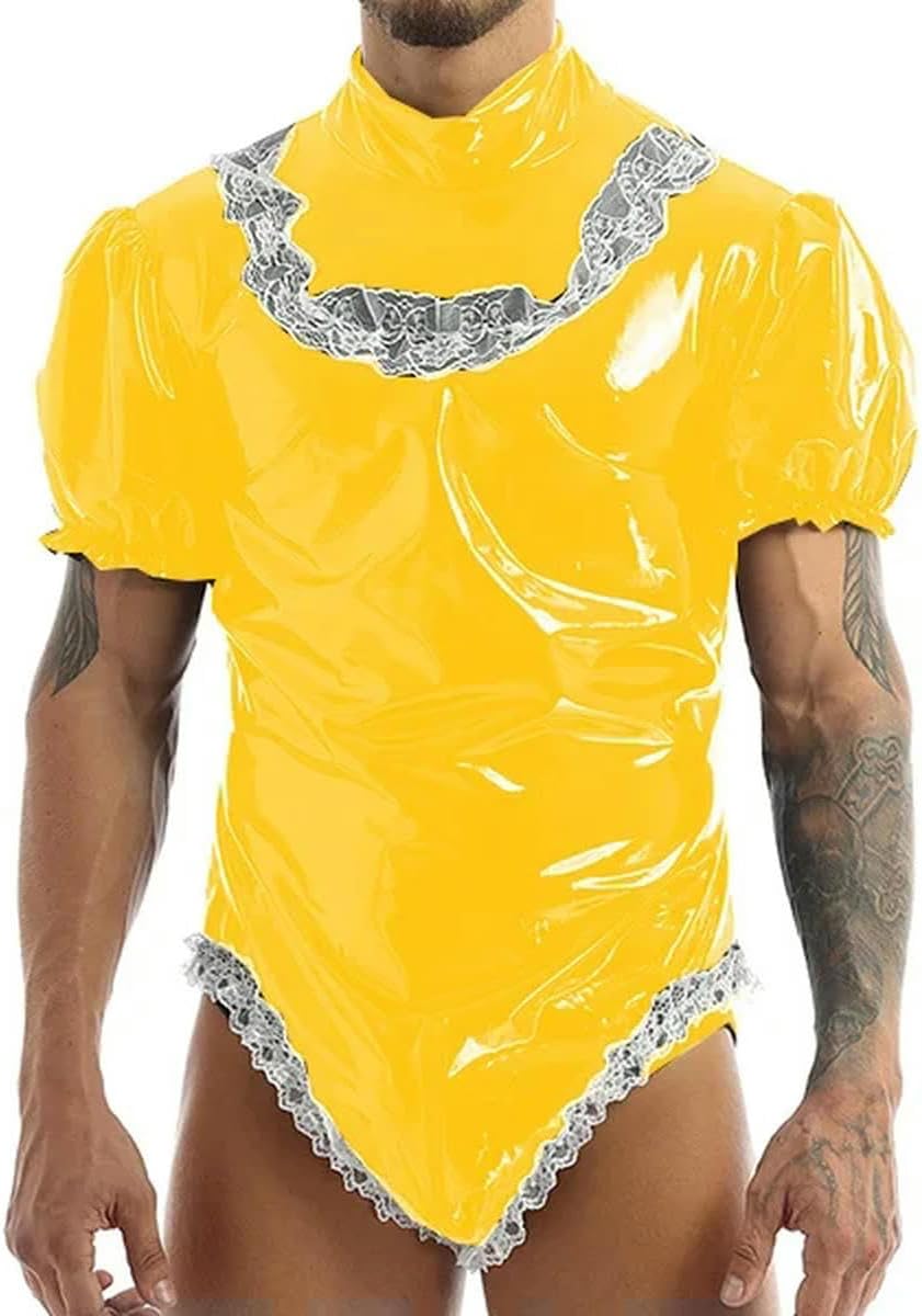 Sissy Mens Crossdresser Maid Cosplay Costume Short Sleeve Bodysuit with Hommes Romper 7XL