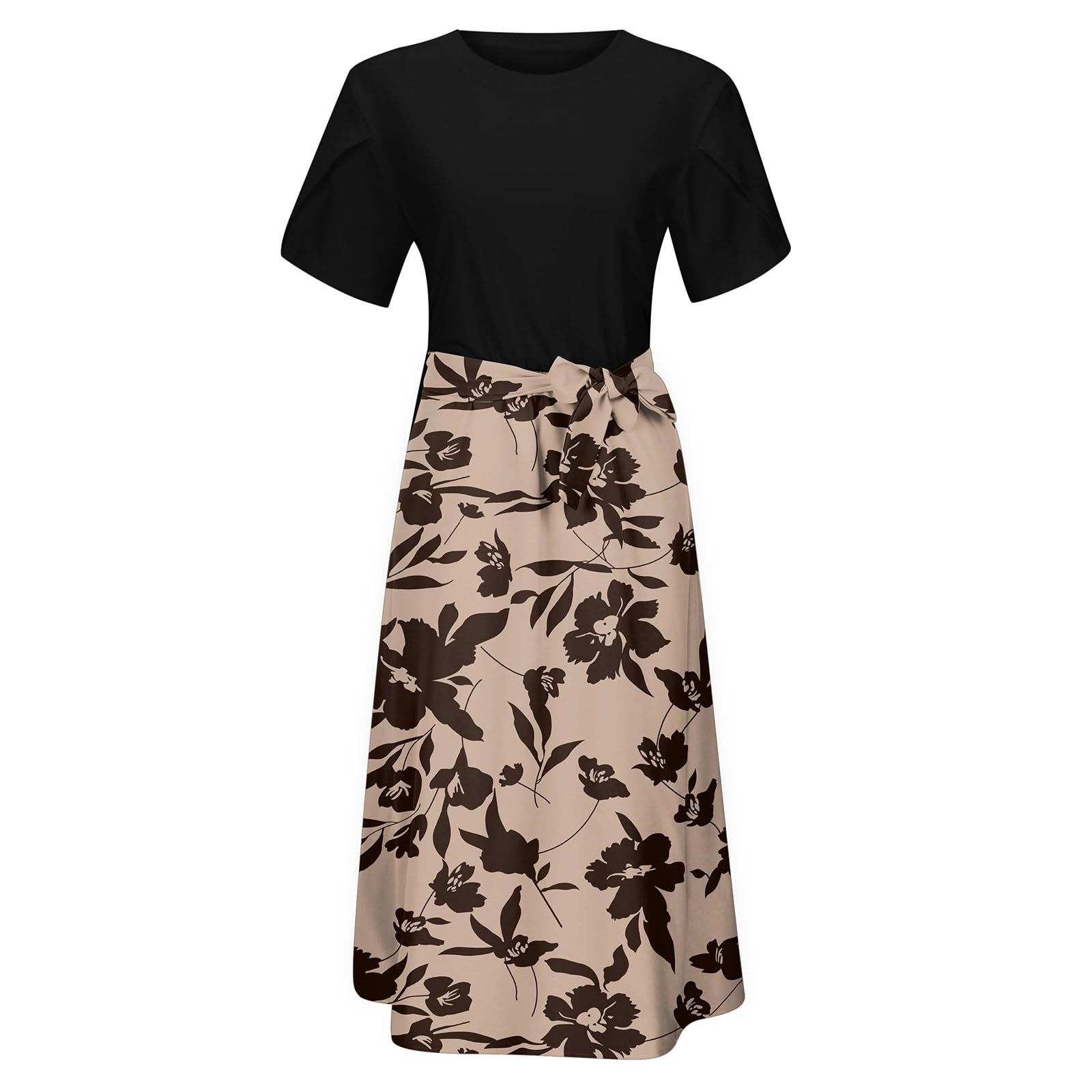2026 mi-Longue élégante à Fleurs pour Femme Manches Courtes col du Cou Coupe trapèze légère Tenue Plage Longueur Genou avec Poches