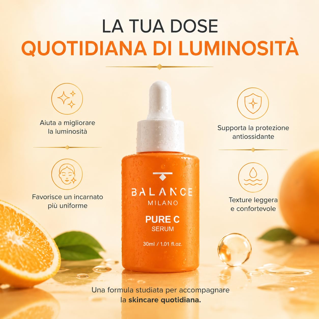 Siero Vitamina C Viso, Acido Ialuronico e Limone - Made in Italy - 30ml | Siero Illuminante Viso - Antiossidante e Anti-Macchia - Texture Fresca Rapido Assorbimento - Skin Care BALANCE MILANO