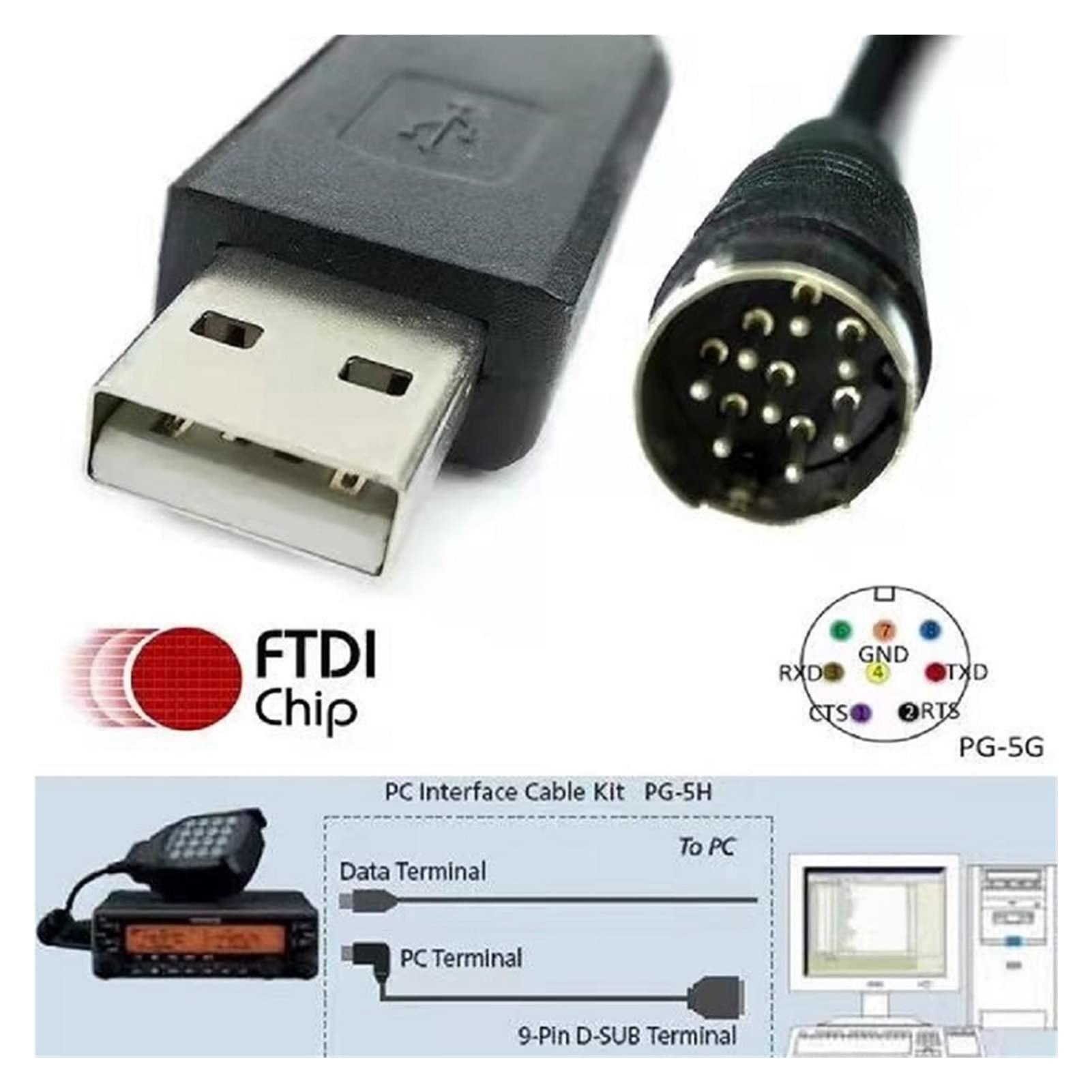 EVURU FTDI FT232RL USB à M~ni DIN 8P RS232 Adaptateur PLC Câble de Programmation Compatible with la Station de Kenwood PG-5G PG-5H TM-D710 TM-V71 RC-D710(Size:1.8M,Color:FT232RL)